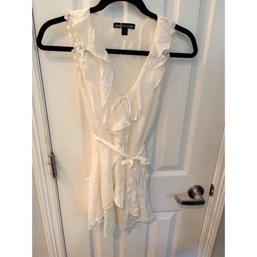 Gemstone Sleeveless Blouse White Lace Ruffle Tie Front Cottagecore Boho